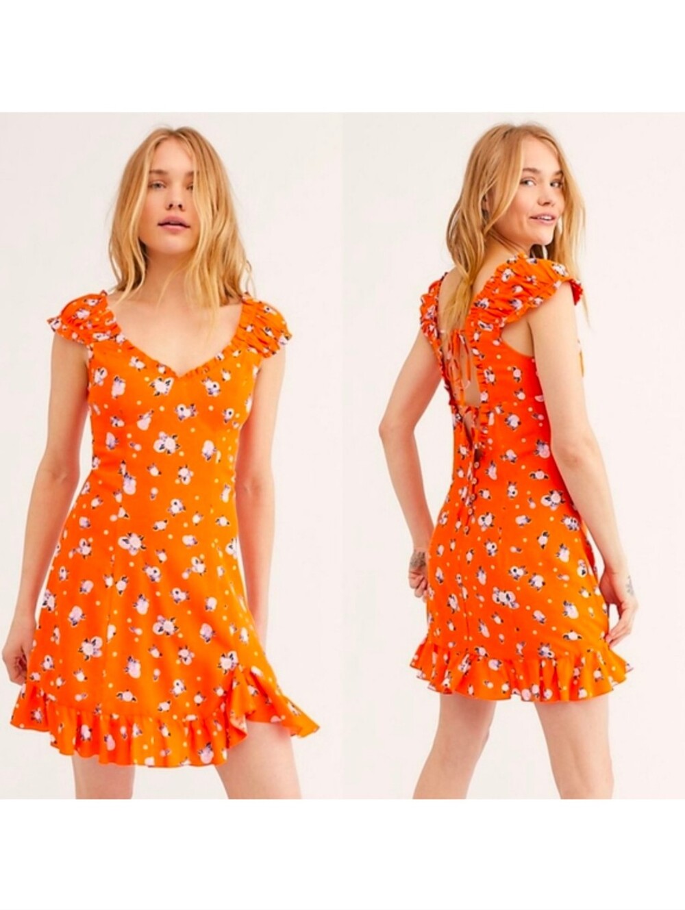 Free People▪️Like A Lady Printed Orange Floral Tie-Back Mini Dress
